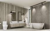 revetement-sol-roche-sur-foron Loft style bathroom with wood plank and concrete wall 3d render,There polished concrete floor ,old wood cabinet with white terrazzo counter top,with tall window overlooking nature view
